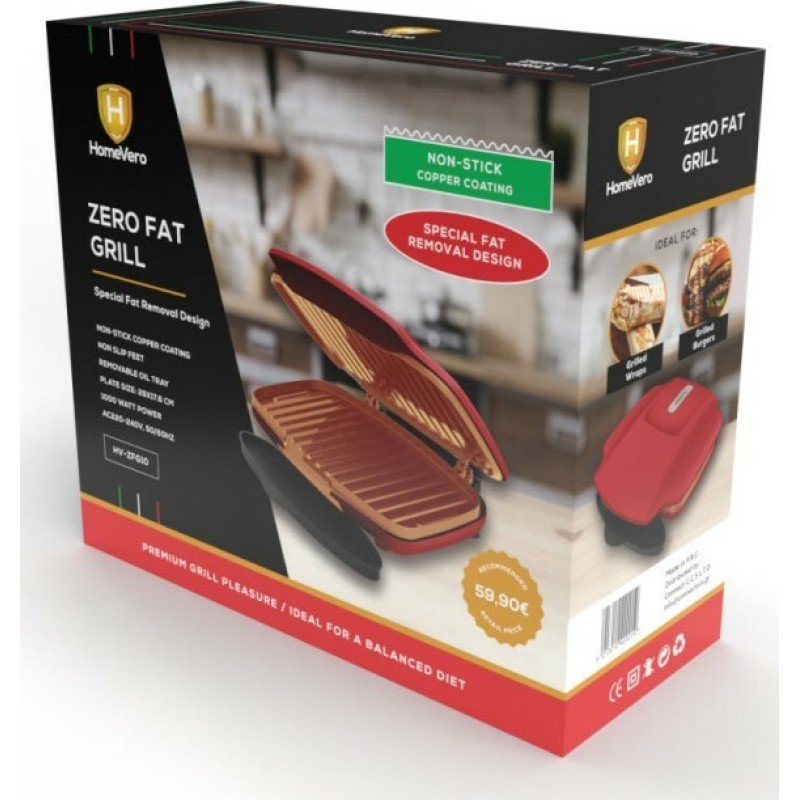 HomeVero Zero Fat Επιτραπέζια Ηλεκτρική Ψησταριά Σχάρας 1000W με Καπάκι 26x17.6εκ. HV-ZFG10