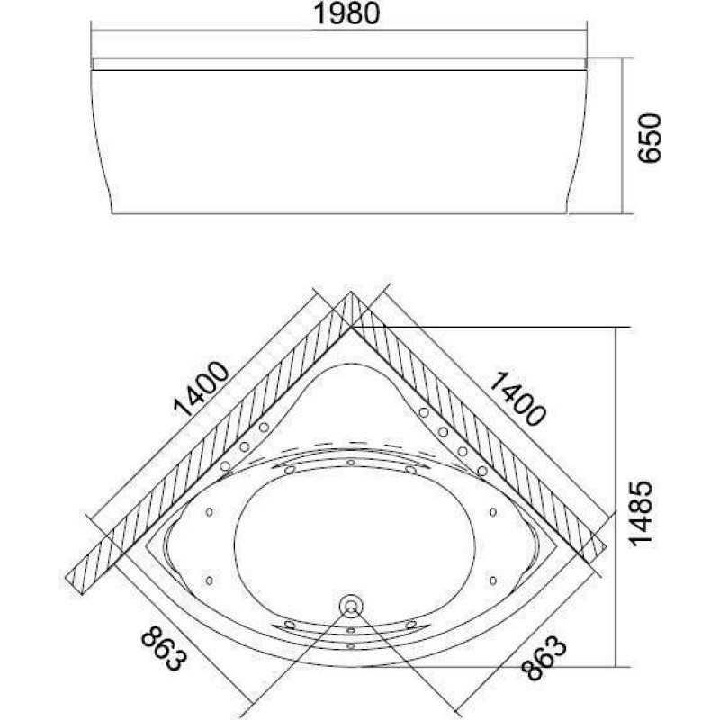 Karag Concordia K-1080 Γωνιακή Μπανιέρα Ακρυλική με Υδρομασάζ 140x140cm
