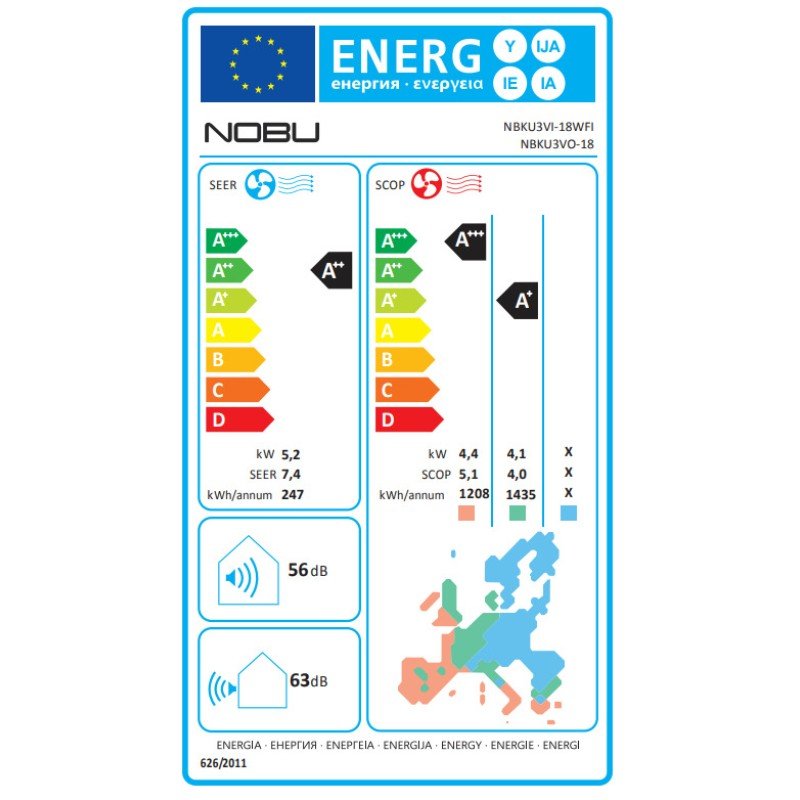 Nobu NBKU3VI-18WFI/NBKU3VO-18 Κλιματιστικό Inverter 18000 BTU A++/A+ με WiFi