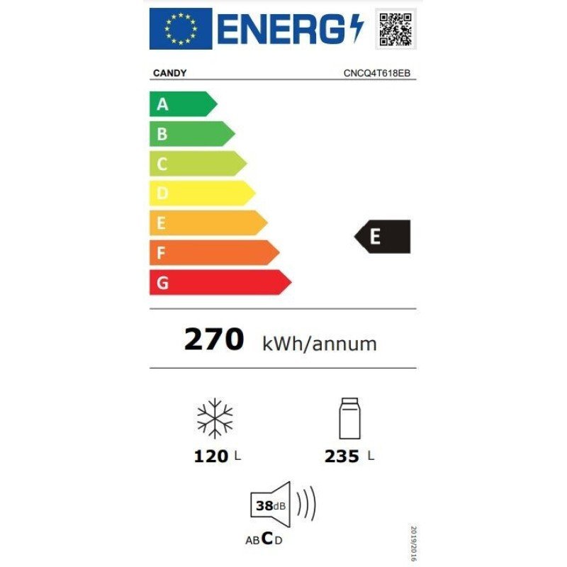 Candy Ψυγειοκαταψύκτης 355lt NoFrost Υ185xΠ59.5xΒ66.7εκ. Μαύρος CNCQ4T618EB