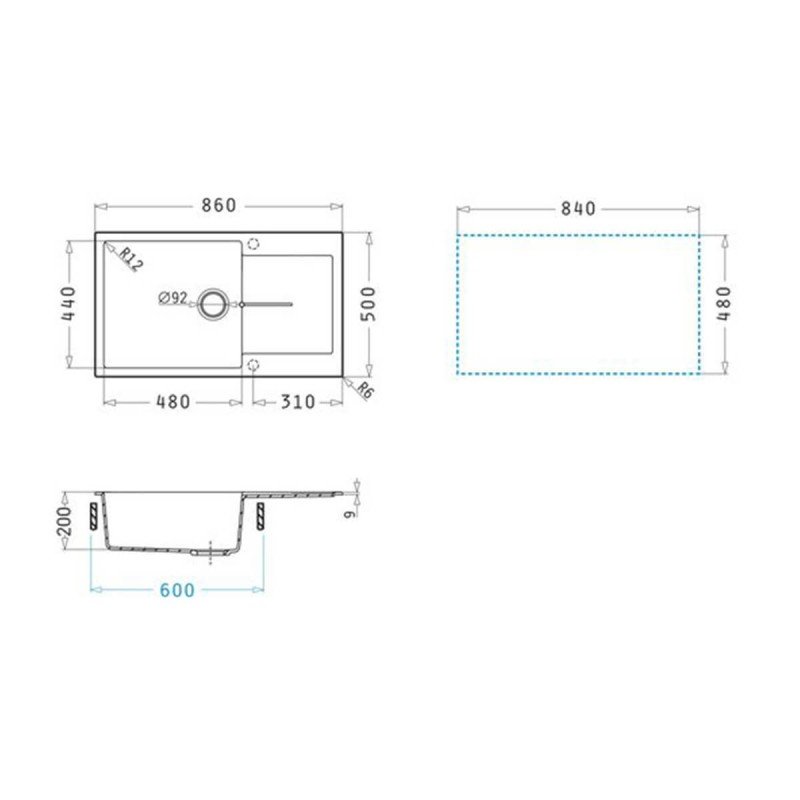 Pyramis 1b 1d Plus 070243611 Ένθετος Νεροχύτης από Συνθετικό Γρανίτη Μ86xΠ50cm Iron Grey