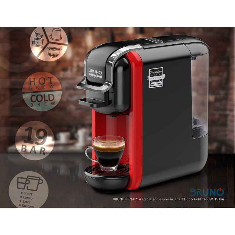 Bruno Μηχανή Espresso 1450W Πίεσης 19bar Κόκκινη BRN-0214