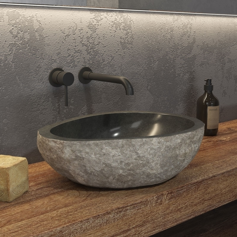 Karag River Stone NRS3 RIVER-50 Επικαθήμενος Νιπτήρας Πέτρινος 55x55x15cm Γκρι