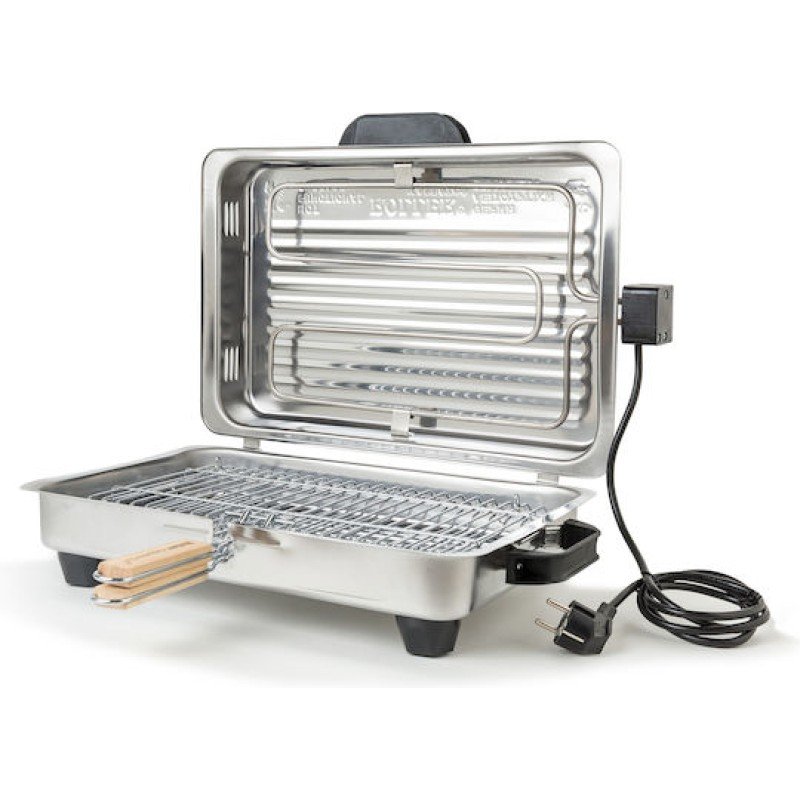Roller Kappatos 020107 INOX Επιτραπέζια Ηλεκτρική Ψησταριά Σχάρας 1200W με Καπάκι & Διπλή Σχάρα 38x24,5cm