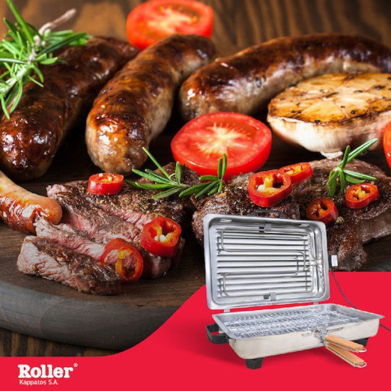 Roller Kappatos 020107 INOX Επιτραπέζια Ηλεκτρική Ψησταριά Σχάρας 1200W με Καπάκι & Διπλή Σχάρα 38x24,5cm