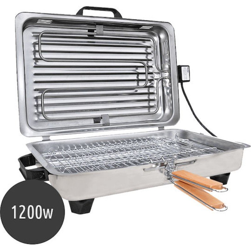 Roller Kappatos 020107 INOX Επιτραπέζια Ηλεκτρική Ψησταριά Σχάρας 1200W με Καπάκι & Διπλή Σχάρα 38x24,5cm