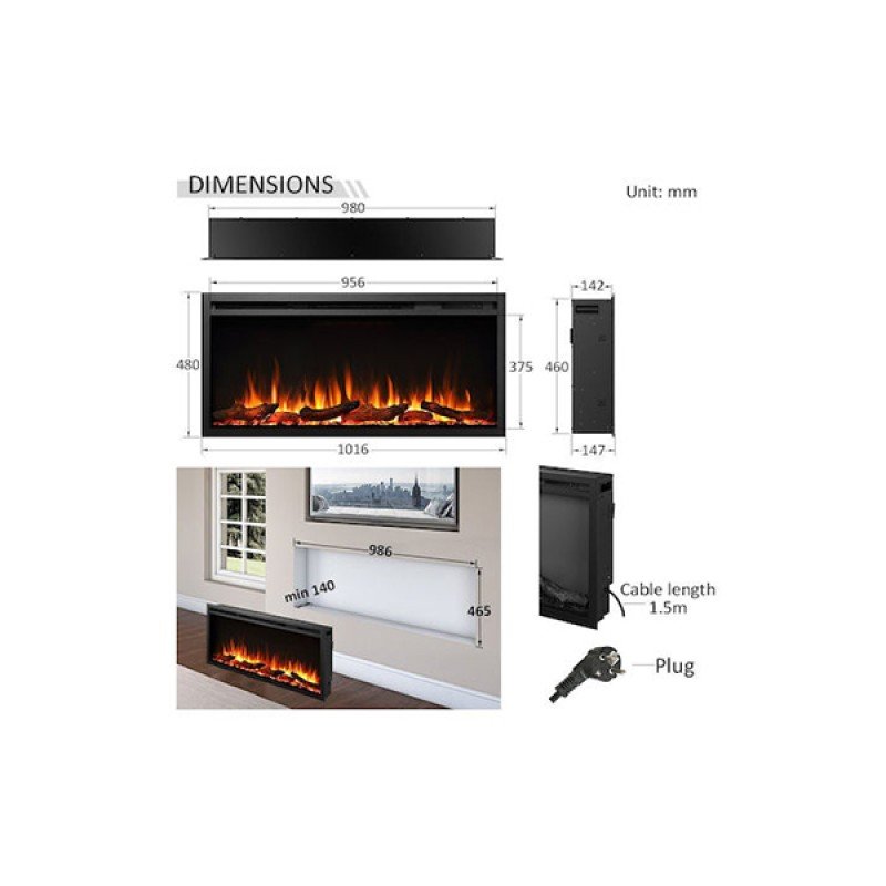 Richen Insert 102 Επιτοίχιο Ηλεκτρικό Τζάκι 2000W 101.6x48cm Μαύρο (3 άτοκες δόσεις)