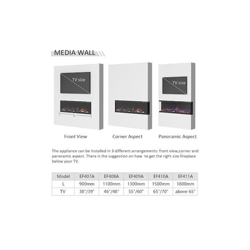 Richen 3D Επιτοίχιο Ηλεκτρικό Τζάκι 2000W 110x59cm Μαύρο (3 άτοκες δόσεις)