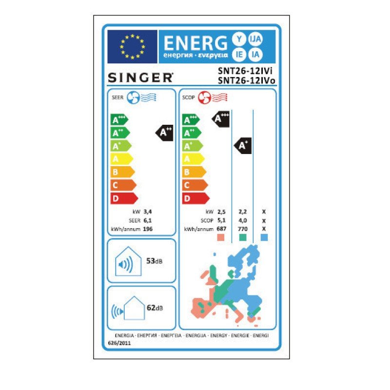 Singer SNT26-12IVi/SNT26-12IVο DC Κλιματιστικό Inverter 12000 BTU A++/A+++ με Τεχνητή Νοημοσύνη με ΅WIFI
