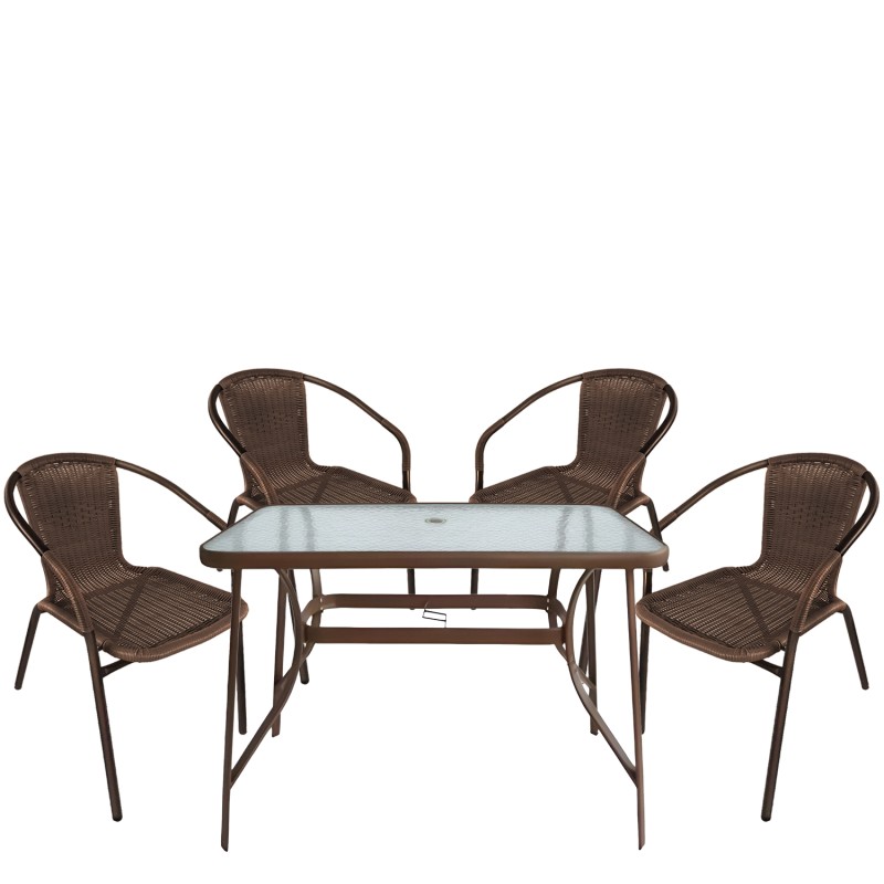 Σετ Τραπεζαρία Κήπου ArteLibre SUN Καφέ Rattan/Γυαλί/Μέταλλο Με 4 Πολυθρόνες 14990532