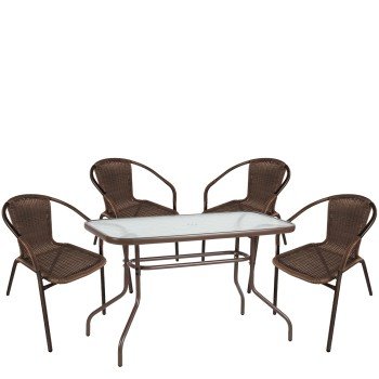 Σετ Τραπεζαρία Κήπου ArteLibre VULCAN Καφέ Rattan/Γυαλί/Μέταλλο Με 4 Πολυθρόνες 14990534