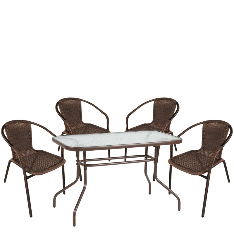 Σετ Τραπεζαρία Κήπου ArteLibre VULCAN Καφέ Rattan/Γυαλί/Μέταλλο Με 4 Πολυθρόνες 14990534