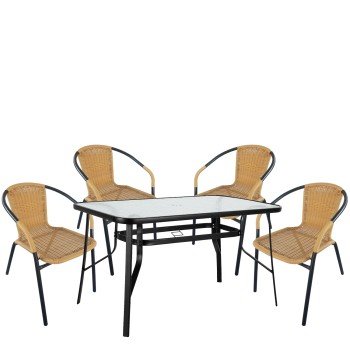 Σετ Τραπεζαρία Κήπου ArteLibre SUN Μαύρο/Μπεζ Rattan/Γυαλί/Μέταλλο Με 4 Πολυθρόνες 14990535