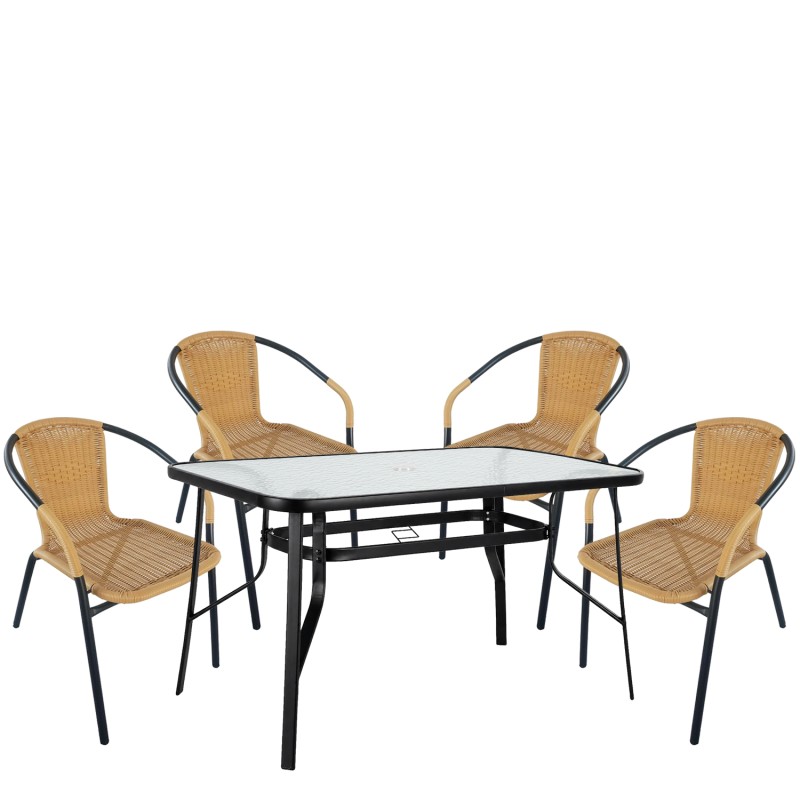 Σετ Τραπεζαρία Κήπου ArteLibre SUN Μαύρο/Μπεζ Rattan/Γυαλί/Μέταλλο Με 4 Πολυθρόνες 14990535