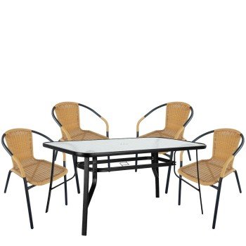 Σετ Τραπεζαρία Κήπου ArteLibre SUN Μαύρο/Μπεζ Rattan/Γυαλί/Μέταλλο Με 4 Πολυθρόνες 14990536