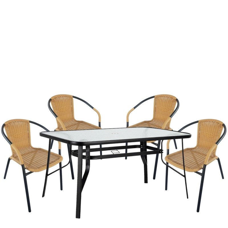 Σετ Τραπεζαρία Κήπου ArteLibre SUN Μαύρο/Μπεζ Rattan/Γυαλί/Μέταλλο Με 4 Πολυθρόνες 14990536