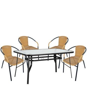 Σετ Τραπεζαρία Κήπου ArteLibre SUN Μαύρο/Μπεζ Rattan/Γυαλί/Μέταλλο Με 4 Πολυθρόνες 14990537