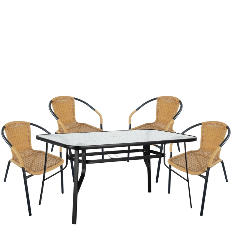 Σετ Τραπεζαρία Κήπου ArteLibre SUN Μαύρο/Μπεζ Rattan/Γυαλί/Μέταλλο Με 4 Πολυθρόνες 14990537