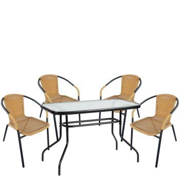 Σετ Τραπεζαρία Κήπου ArteLibre VULCAN Μαύρο/Μπεζ Rattan/Γυαλί/Μέταλλο Με 4 Πολυθρόνες 14990538