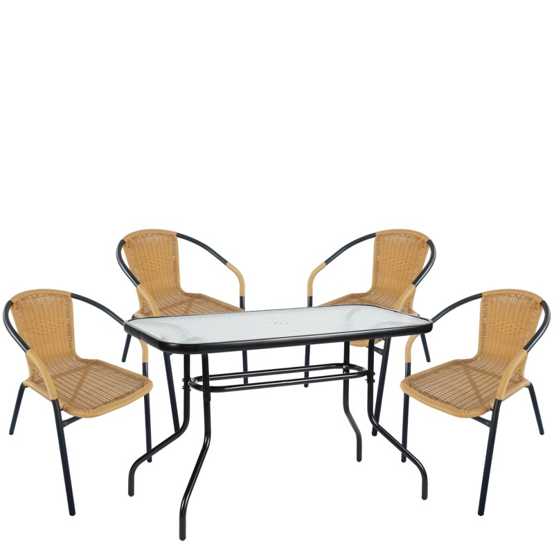 Σετ Τραπεζαρία Κήπου ArteLibre VULCAN Μαύρο/Μπεζ Rattan/Γυαλί/Μέταλλο Με 4 Πολυθρόνες 14990538