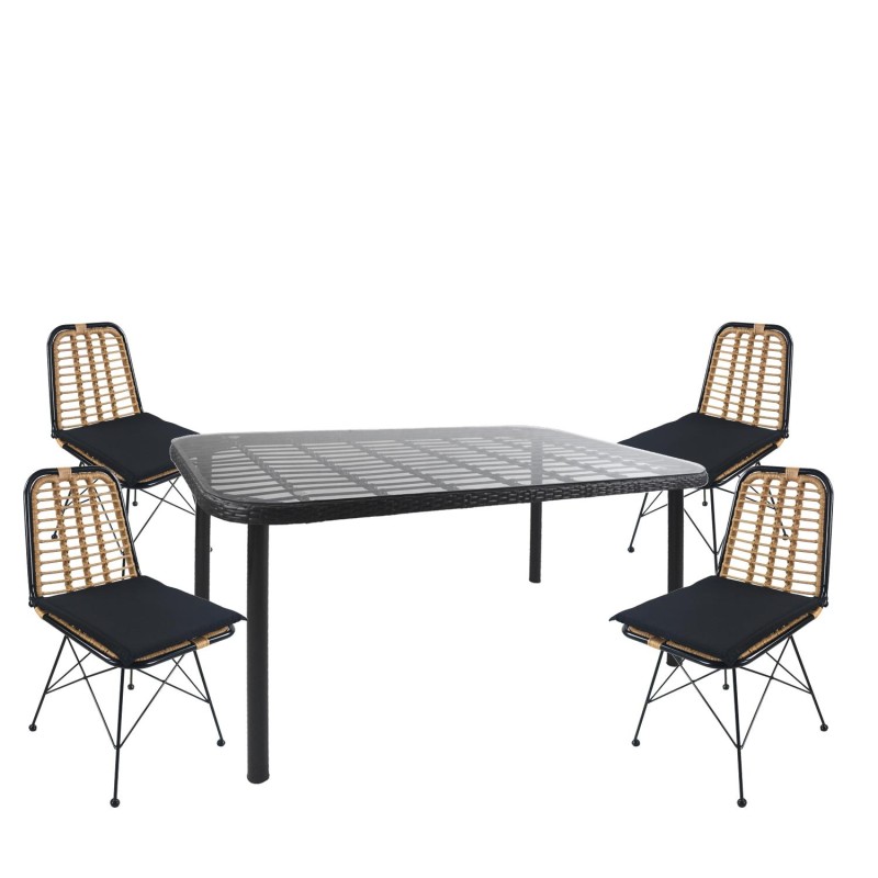 Σετ Τραπεζαρία Κήπου ArteLibre AMPIUS Μαύρο Μέταλλο/Rattan/Γυαλί Με 4 Καρέκλες 14990373