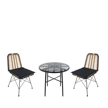 Σετ Τραπεζαρία Κήπου ArteLibre APPIUS Μαύρο Μέταλλο/Rattan/Γυαλί Με 2 Καρέκλες 14990376