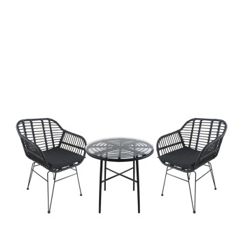 Σετ Τραπεζαρία Κήπου ArteLibre APPIUS Μαύρο Μέταλλο/Rattan/Γυαλί Με 2 Καρέκλες 14990382