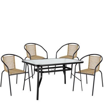 Σετ Τραπεζαρία Κήπου ArteLibre SUN Μαύρο/Φυσικό Rattan/Γυαλί/Μέταλλο Με 4 Πολυθρόνες 14990590