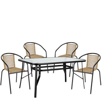 Σετ Τραπεζαρία Κήπου ArteLibre SUN Μαύρο/Φυσικό Rattan/Γυαλί/Μέταλλο Με 4 Πολυθρόνες 14990591
