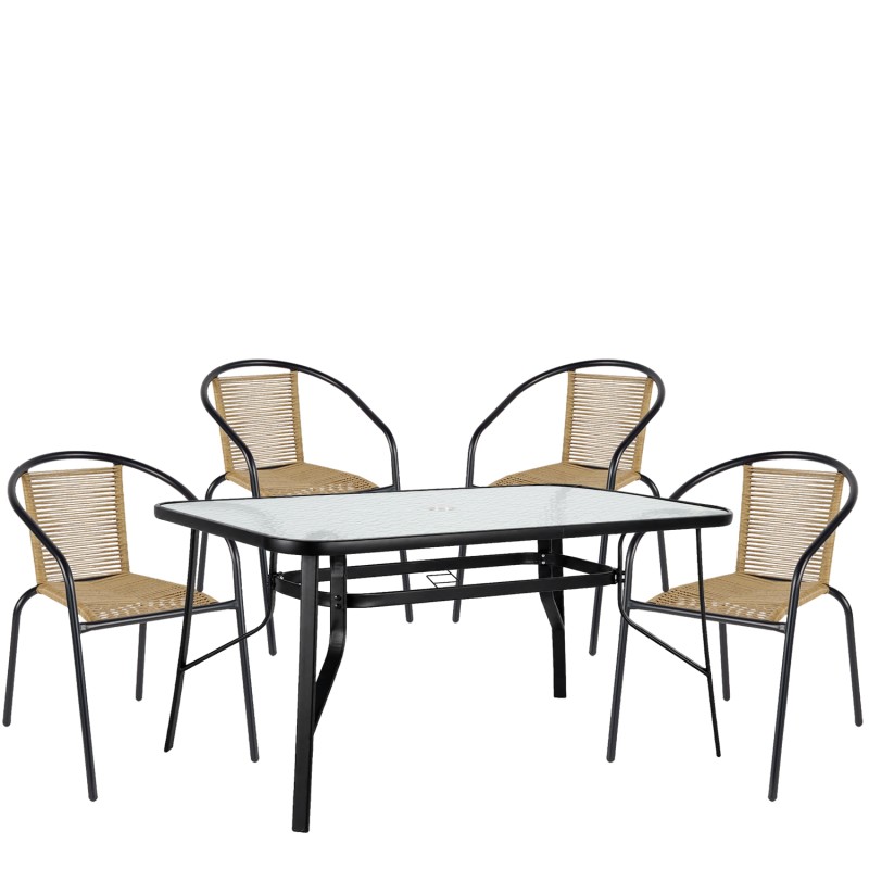 Σετ Τραπεζαρία Κήπου ArteLibre SUN Μαύρο/Φυσικό Rattan/Γυαλί/Μέταλλο Με 4 Πολυθρόνες 14990591