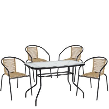 Σετ Τραπεζαρία Κήπου ArteLibre VULCAN Μαύρο/Φυσικό Rattan/Γυαλί/Μέταλλο Με 4 Πολυθρόνες 14990593
