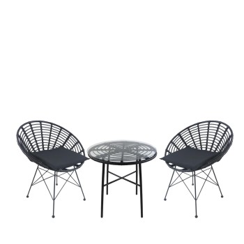 Σετ Τραπεζαρία Κήπου ArteLibre APPIUS Μαύρο Μέταλλο/Rattan/Γυαλί Με 2 Καρέκλες 14990388