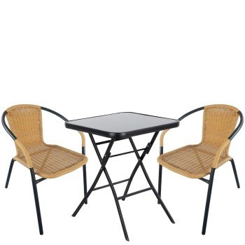 Σετ Τραπεζαρία Κήπου ArteLibre TAURUS Μαύρο/Μπεζ Rattan/Γυαλί/Μέταλλο Με 2 Πολυθρόνες 14990488