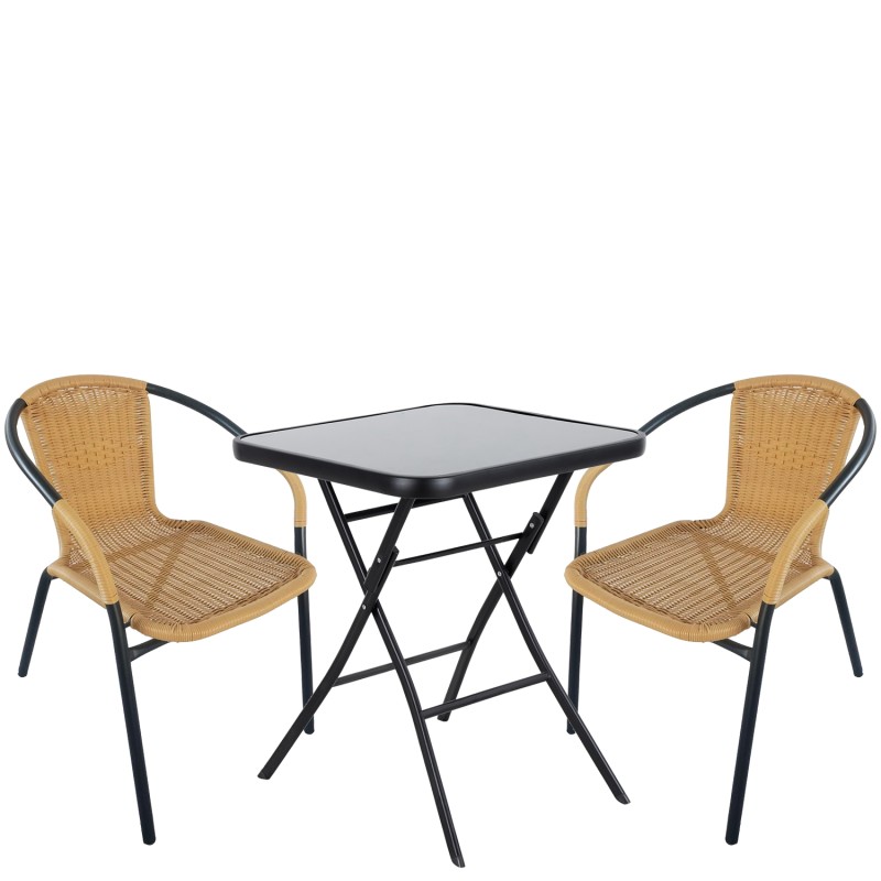 Σετ Τραπεζαρία Κήπου ArteLibre TAURUS Μαύρο/Μπεζ Rattan/Γυαλί/Μέταλλο Με 2 Πολυθρόνες 14990488