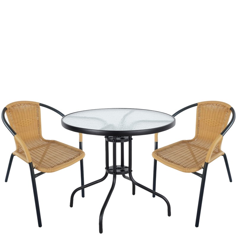 Σετ Τραπεζαρία Κήπου ArteLibre EARTH Μαύρο/Μπεζ Rattan/Γυαλί/Μέταλλο Με 2 Πολυθρόνες 14990489