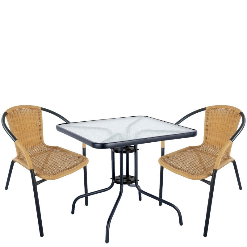 Σετ Τραπεζαρία Κήπου ArteLibre MARS Μαύρο/Μπεζ Rattan/Γυαλί/Μέταλλο Με 2 Πολυθρόνες 14990490