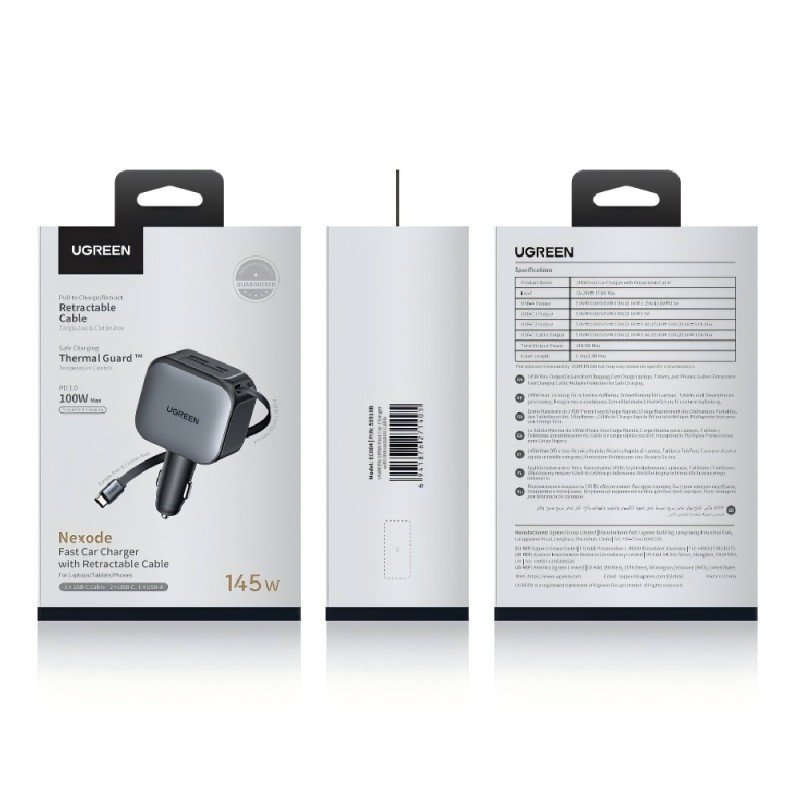 Φορτιστής Αυτοκινήτου 145W UGREEN EC604 55910B 3 Θέσεων,με καλώδιο USB-C 60W Γκρί