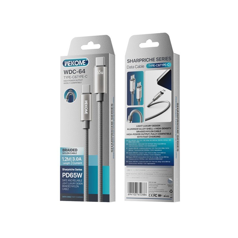 Καλώδιο Φόρτισης WK WDC-64 USB-C σε USB-C PD 65W 1.2m Γκρι
