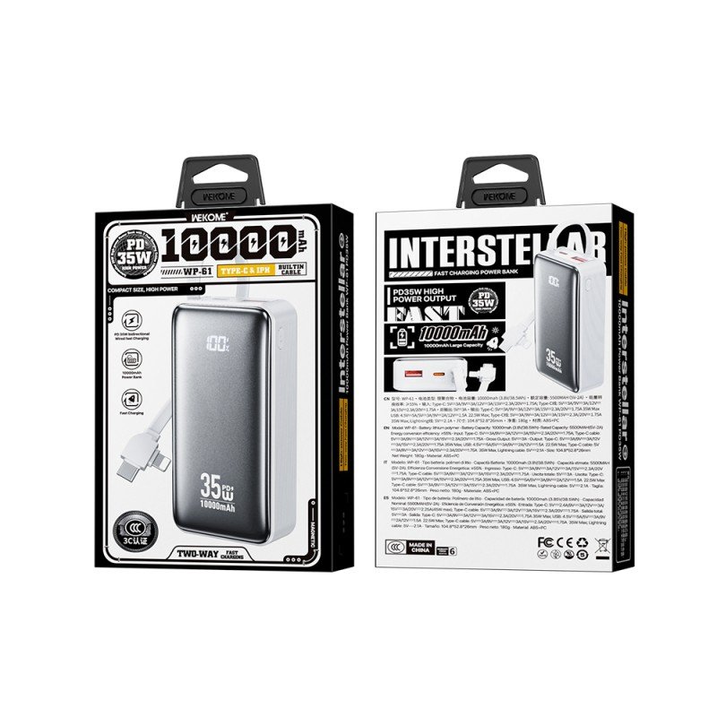 Power Bank 10000mAh PD 35W WK WP-61 2 Θέσεων, με καλώδιο USB-C/Lightning Λευκό
