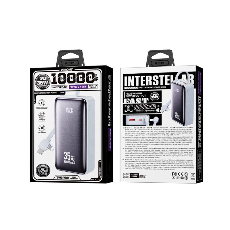 Power Bank 10000mAh PD 35W WK WP-61 2 Θέσεων, με καλώδιο USB-C/Lightning Μπλέ