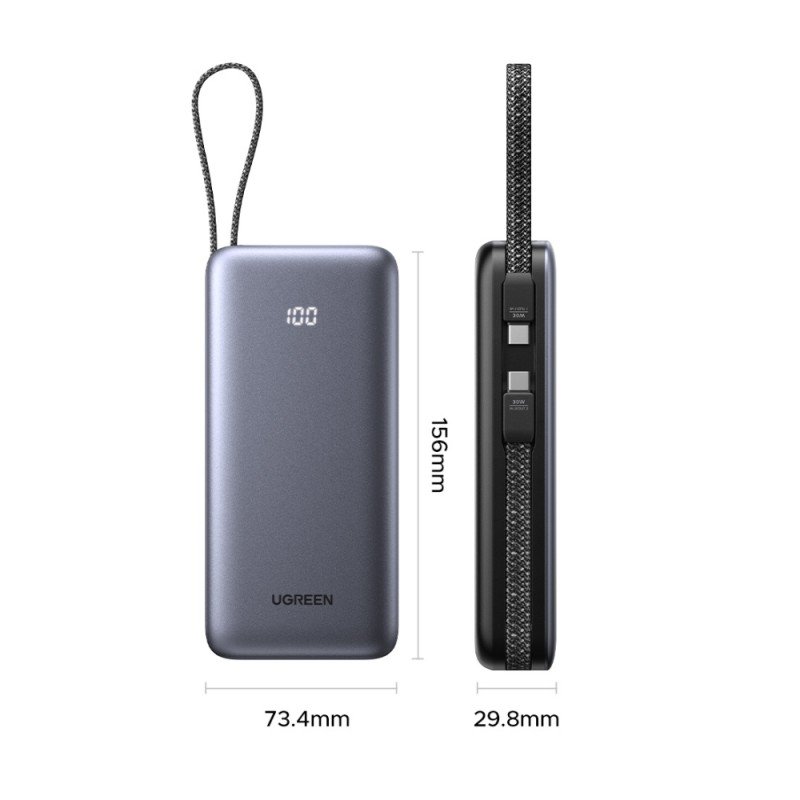 Power Bank 20000mAh PD 30W UGREEN PB528 55985B 2 Θέσεων, με 2 καλώδια USB-C Γκρι