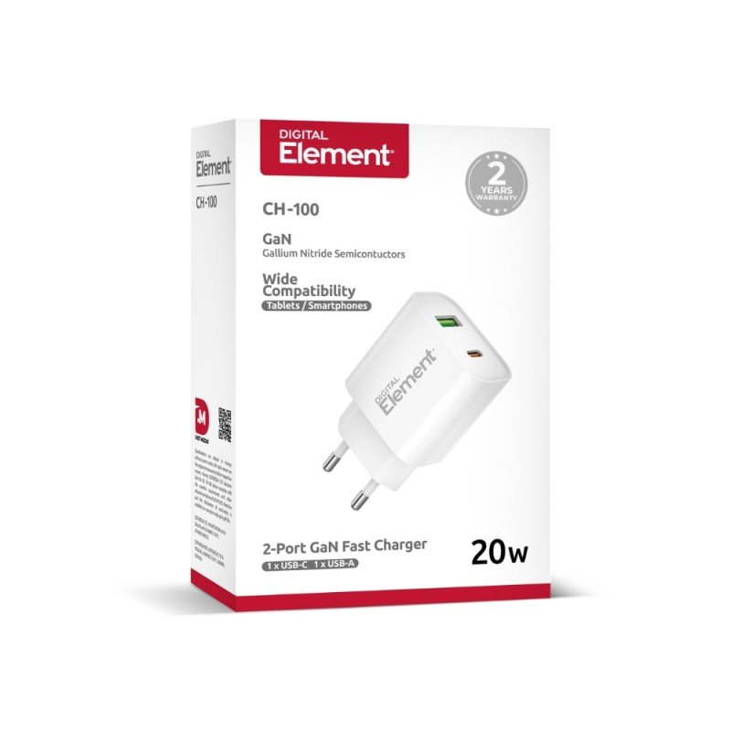 Φορτιστής Σπιτιού GaN PD 20W Element CH-100 2 Θέσεων Λευκό