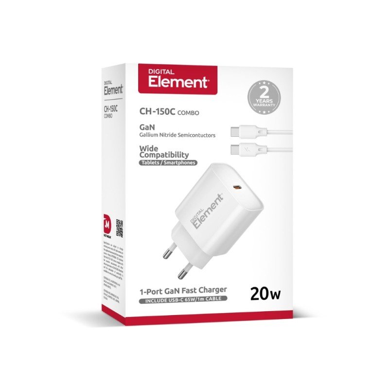 Φορτιστής Σπιτιού GaN PD 20W Element CH-150C 1 Θέσης, με καλώδιo USB-C 65W 1m Λευκό