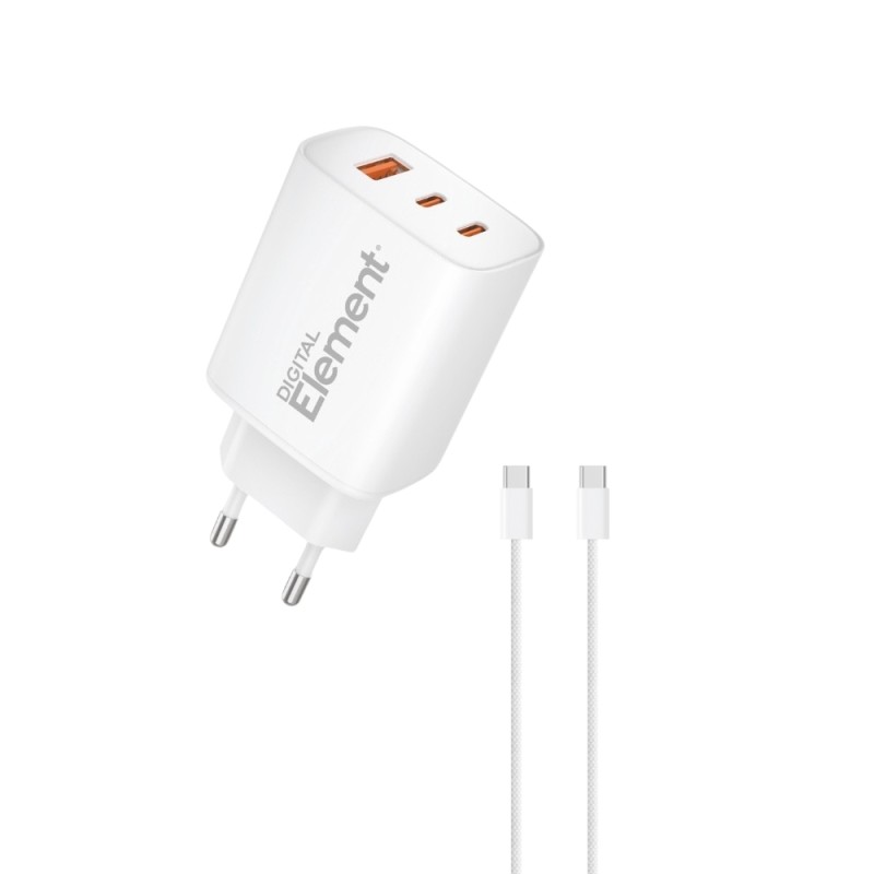 Φορτιστής Σπιτιού GaN PD 65W Element CH-450 3 Θέσεων, με καλώδιο USB-C 100W 1m Λευκό