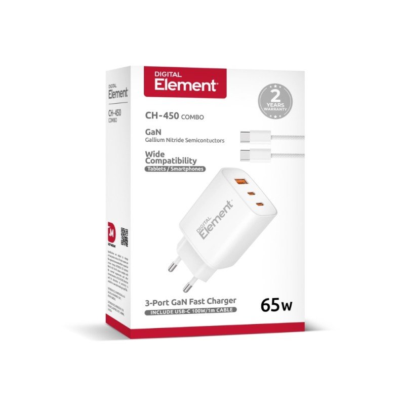 Φορτιστής Σπιτιού GaN PD 65W Element CH-450 3 Θέσεων, με καλώδιο USB-C 100W 1m Λευκό
