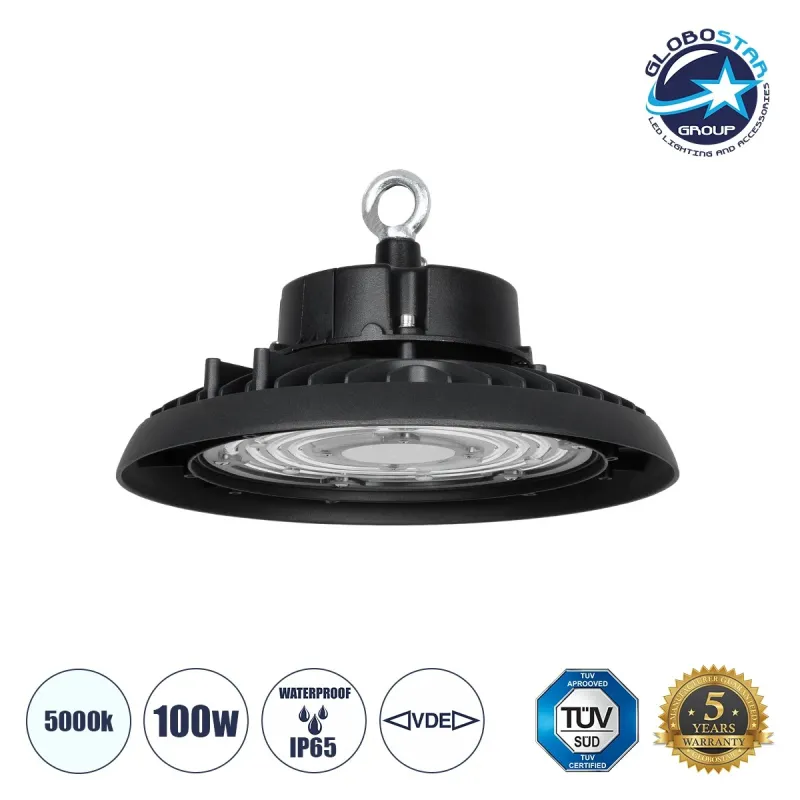 GLOBOSTAR® INDUSTRY 61500 Βιομηχανικό Φωτιστικό Καμπάνα High Bay UFO LED 100W 15000lm SDCM<5 90° AC 85-265V Αδιάβροχο IP65 IK08 Φυσικό Λευκό 5000K - 175 x Sanan Opto SMD Chip & TÜV SÜD Driver - Μαύρο Χυτό Αλουμίνιο - Μ26.5 x Π26.5 x Υ15cm - 5 Χρόνι
