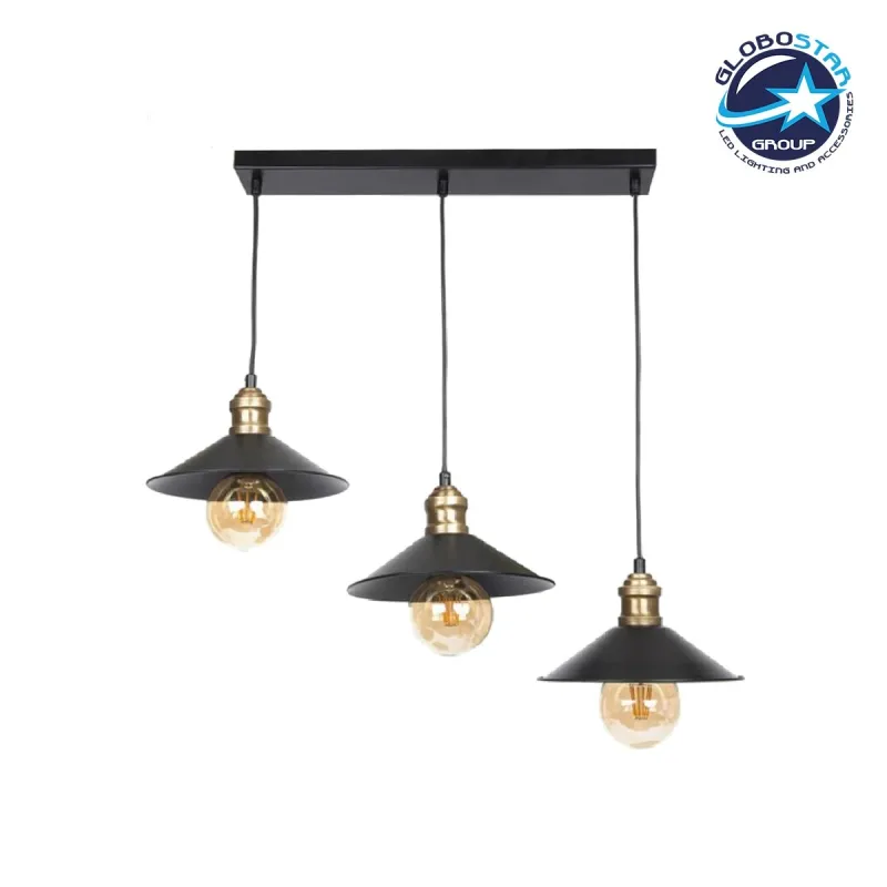 GLOBOSTAR® LUCANA 201-0044 Vintage Κρεμαστό Φωτιστικό Οροφής με Ντουί 3 x E27 AC 220-240V IP20 - Μαύρο & Χρυσό - Μ50 x Π25 x Υ75cm
