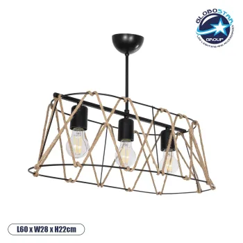 GLOBOSTAR® GATSBY 203-0006 Vintage Κρεμαστό Φωτιστικό Οροφής με Ντουί 3 x E27 AC 220-240V IP20 - Μαύρο & Μπεζ - Μ60 x Π28 x Υ22cm