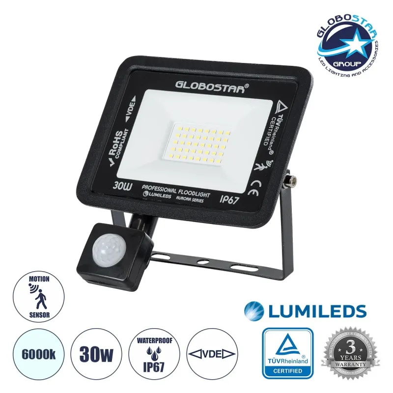 GLOBOSTAR® AURORA 61439 Προβολέας με Ανιχνευτή PIR / Αισθητήρα Κίνησης LED 30W 3750lm 120° AC 220-240V Αδιάβροχο IP67 Ψυχρό Λευκό 6000K - Lumileds SMD Chip - TÜV Rheinland Certified - Μαύρο Ματ - Μ16 x Π5 x Υ17.5cm - 3 Χρόνια Εγγύηση GLOBOSTAR® AURORA 61439 Προβολέας με Ανιχνευτή PIR / Αισθητήρα Κίνησης LED 30W 3750lm 120° AC 220-240V Αδιάβροχο IP67 Ψυχρό Λευκό 6000K - Lumileds SMD Chip - TÜV Rheinland Certified - Μαύρο Ματ - Μ16 x Π5 x Υ17.5cm - 3 Χρόνια Εγγύηση