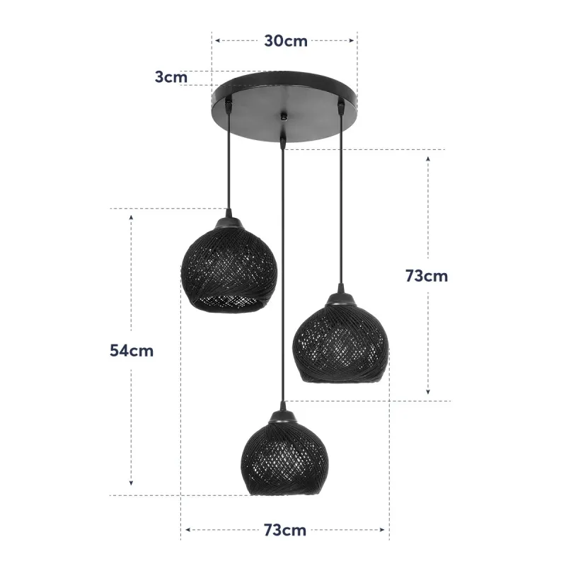 GLOBOSTAR® YASAM 203-0022 Vintage Κρεμαστό Φωτιστικό Οροφής με Ντουί 3 x E27 AC 220-240V IP20 - Μαύρο - Μ42 x Π42 x Υ54cm